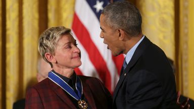 U.S. President Barack Obama reacts with comedian and talk show host Ellen DeGeneres after presenting the Presidential Medal of Freedom to DeGeneres during a ceremony in the White House East Room in Washington, U.S., November 22, 2016. REUTERS/Carlos Barria
